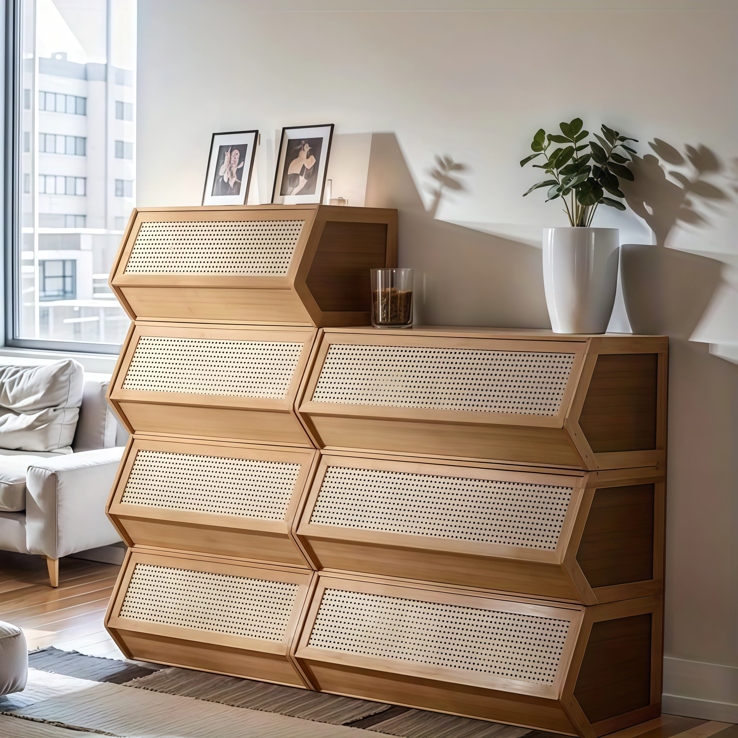 Stackable Storage Cabinet with Plastic Rattan Door