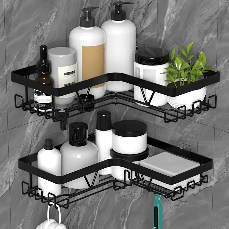Black No-Drill Adhesive Corner Shower Rack Set