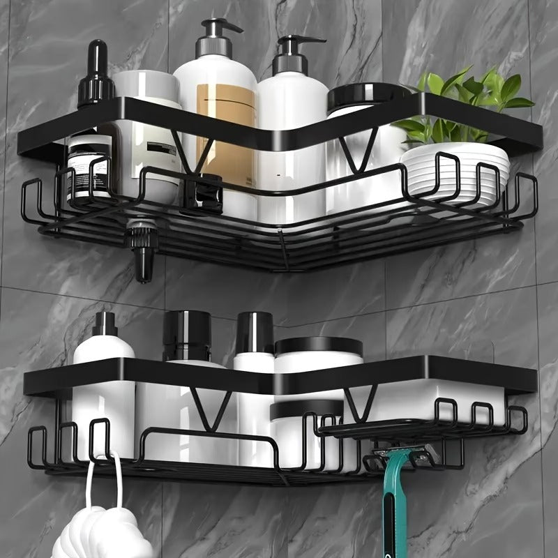 Black No-Drill Adhesive Corner Shower Rack Set