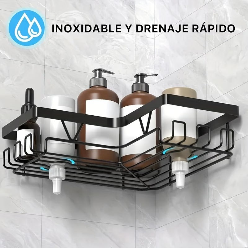 Black No-Drill Adhesive Corner Shower Rack Set