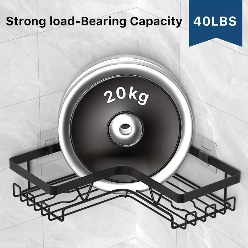 Black No-Drill Adhesive Corner Shower Rack Set