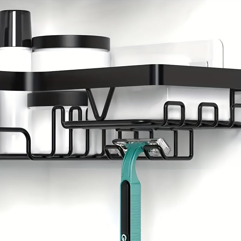 Black No-Drill Adhesive Corner Shower Rack Set